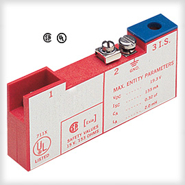 Barrera Zener Serie 65800  (Intrínsicamente Segura / Entrada 15VCD-250mA + 20VCD-125mA + 24VCD-62mA + 30VCD-62mA / Polaridad positiva /  Resistencia 33-390 / Grupo de aplicación A,B,C,D,E,G /  opción para montaje en Riel)